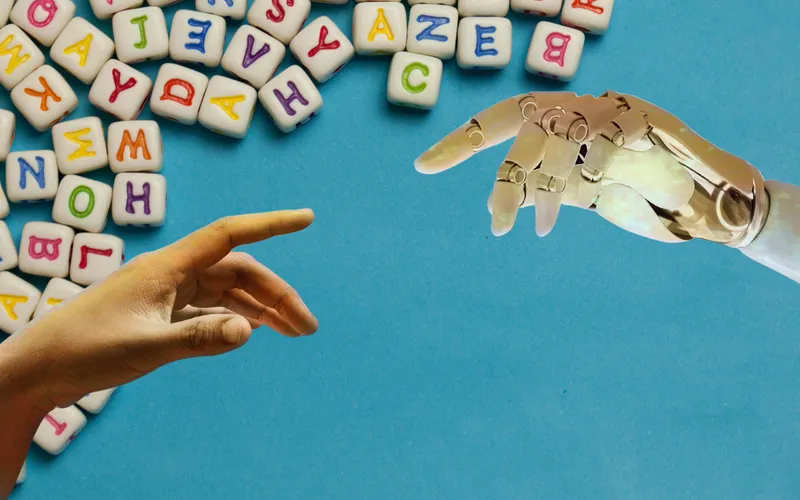 Symbolbild - KI oder Texter? Menschen- und Roboterhand schweben über Scrabble-Buchstaben